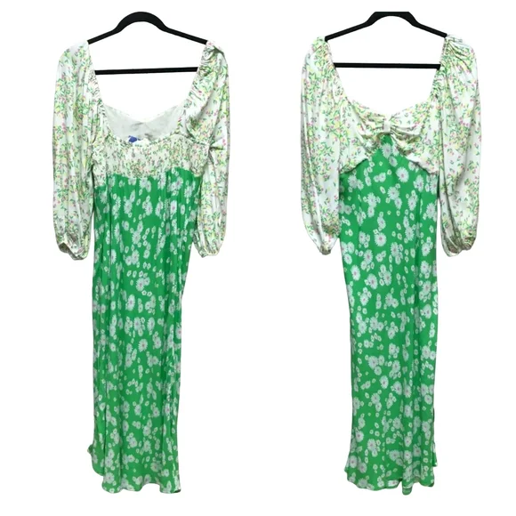RIXO Target Green Daisy Puff Sleeve Boho Hippie Dress - 20/22 - Picture 3 of 8